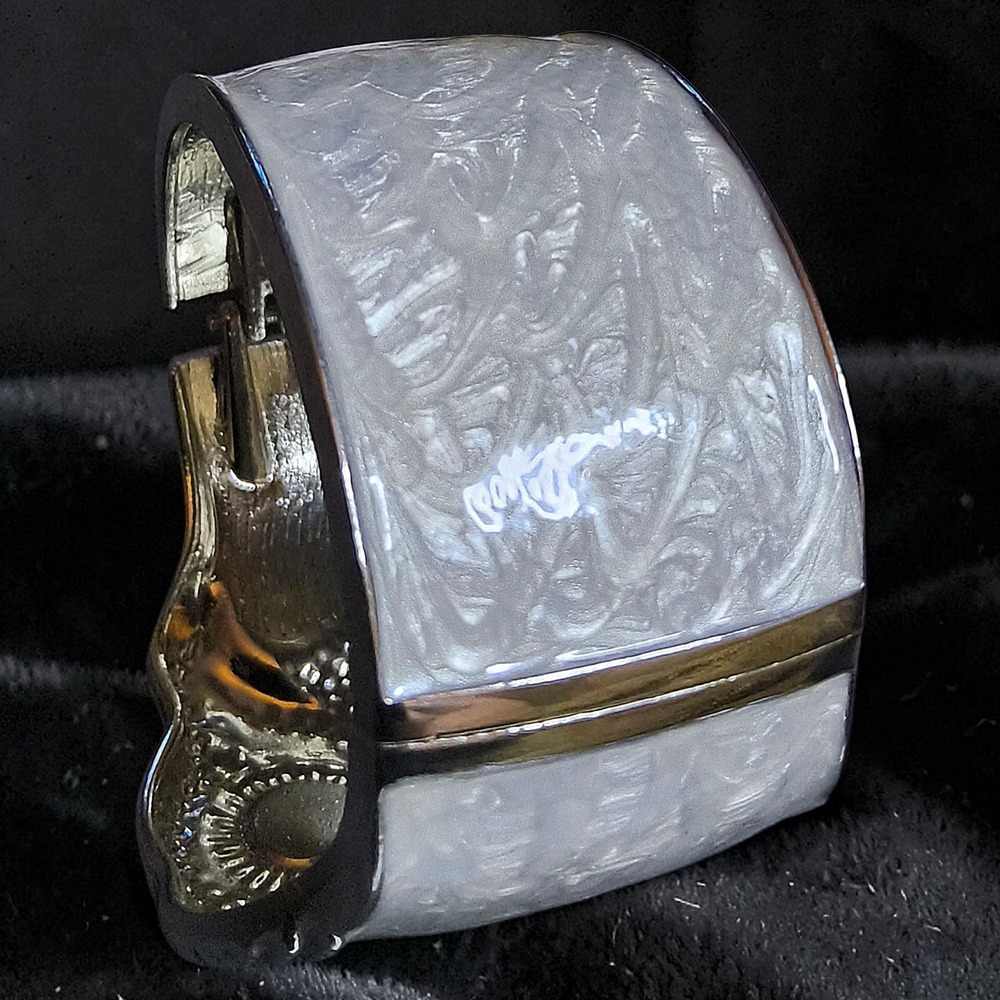 Silver Tone Owl Cuff Bracelet White Marbled Resin Statement Hinge Bangle - Picture 7 of 11